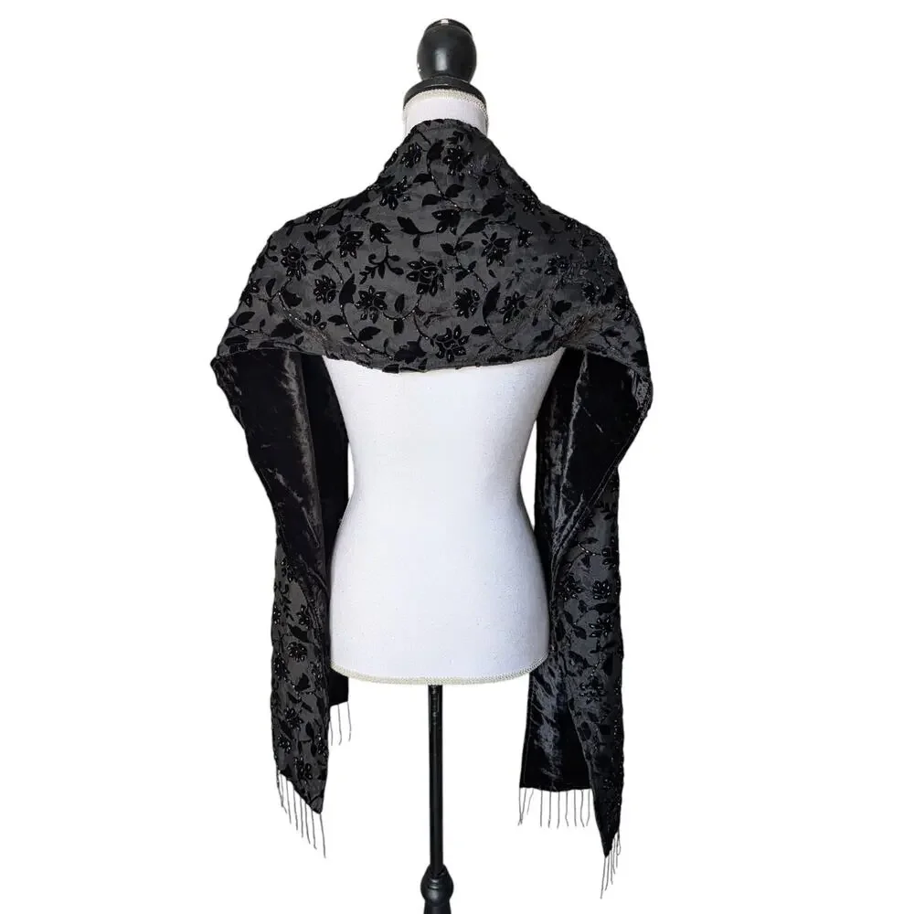 Vintage Black Velvet Beaded Burnout Floral Scarf Shawl Wrap Fringe Goth Witchy